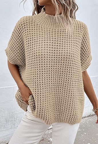 Viottiset Womens Oversized Short Batwing Sleeve Mock Neck Sweater Vest Fall Sleeveless Pullover Knit Sweaters4