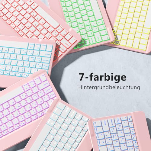 Vobafe Bluetooth Tastatur mit Telefonhalter für iOS/Android/Windows, Kabellose Tablet Tastatur für iPad/iPhone/Samsung/Laptop, Ultradünn Deutsche QWERTZ iPad Keyboard, 7 Farben Beleuchtete, Hellrosa