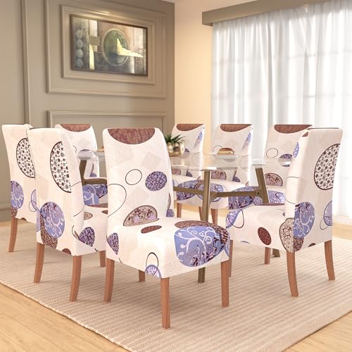Image of Kuber Industries 8 Pcs Stretchable Dining Table Chair Cover Machine Washable Chair Protector Seat Slipcover for Kitchen & Living Room | Gola Print - Cream