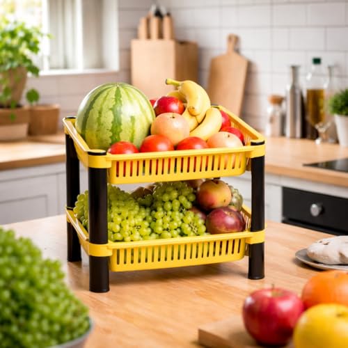 Image of Plastic Kitchen Rack, Multipurpose Vegetable & Fruit Storage Basket Organizer for Home, Pantry & Kitchen - Strong & Easy to Assemble (2 Layer, Yellow)