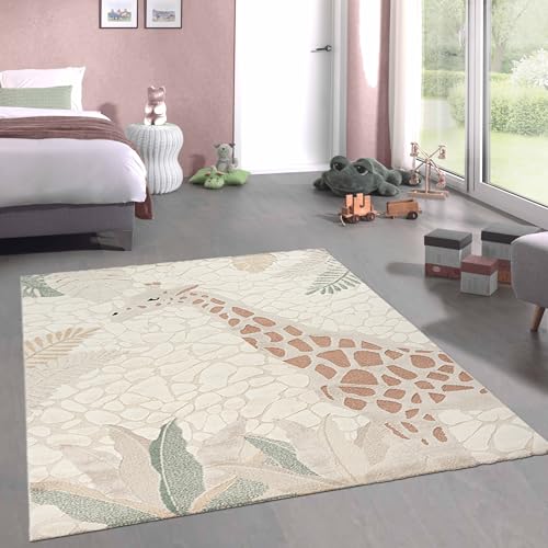 CARPETIA Tapis Tapis de Jeu pour Chambre d'enfant Moelleux Facile d'entretien résistant Girafe Nature crème Vert, 120 x 170 cm
