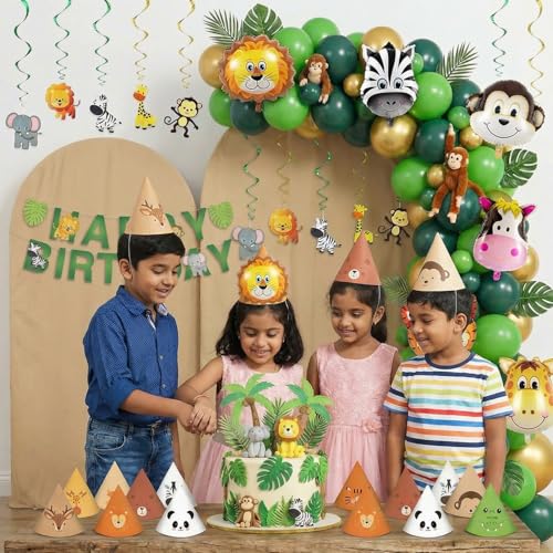 Image of Party Propz Jungle Theme Birthday Decoration Kit - 86 Pcs, Balloons for Birthday, Bday Decor Items with Animal Bday Cap, Jungle Happy Birthday Banner, Happy Birthday Decoration Kit (Cardstock)