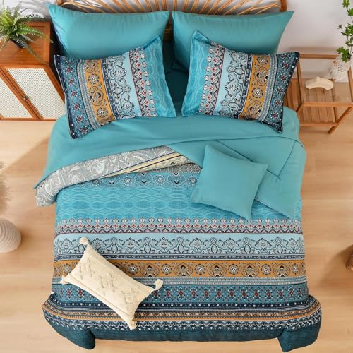 Image of Boho Full Comforter Set 8 Pieces,Teal and Yellow Bohemian Comforter Paisley Striped Bed in A Bag,Soft Microfiber Bedding Set for All Season