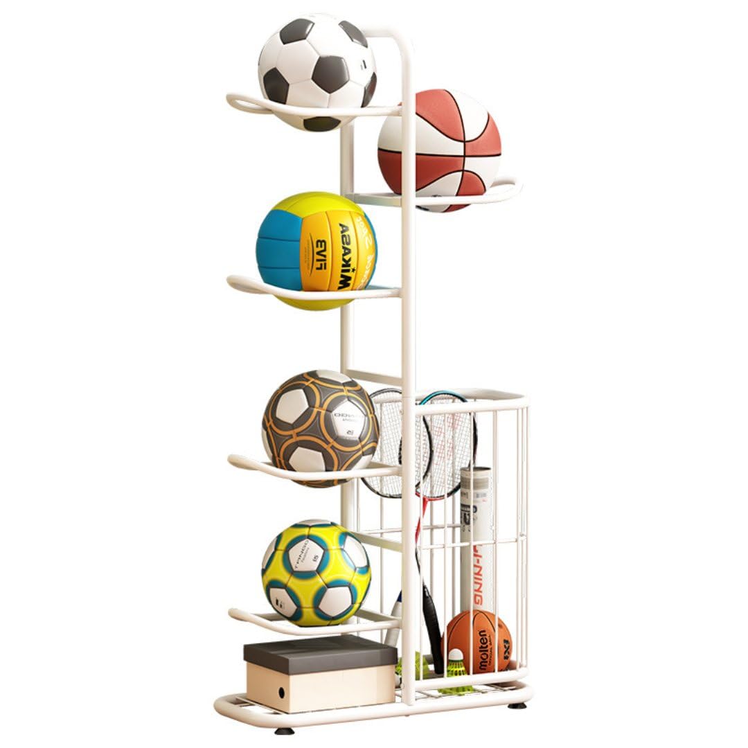 Estante dispensador de metal para balones de fútbol, baloncesto y voleibol – hasta 5 balones, blanco