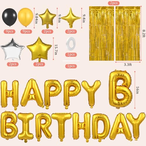 Image of Happy Birthday Banner 13pcs 16 Inch Mylar Foil Letters with 2 Pack Curtain Party Backdrop 32pcs Latex Balloon Birthday Party Decorations Party Decor Supplies for Kids and Adults (Gold)