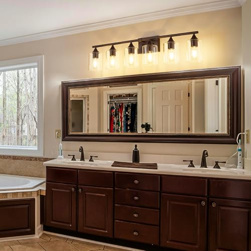 Image of 6-Light Matte Black Bathroom Light Fixtures, Over Mirror with Clear Glass Shade, Wall Light Sconce for Vanity Table, Hallway