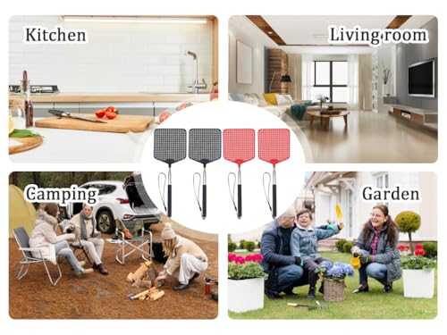 Hitopin 4 Stück Fliegenklatsche Ausziehbar, Fliegenklatsche Stabil, Bunt Fliegenklatsche Ausziehbar, Fliegenklatsche Stabil für Fliegen, für Fliegen, Mücken und Insekten (Schwarz, Rot)