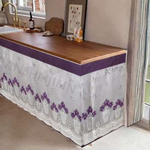 Image of Embroidered Kitchen Sink Curtain with Rod Pocket | Decorative Under Sink Cabinet Curtain | Floral & Peacock Design | Washable Fabric | Size: 150 x 71 CM (White, Pack of 1)