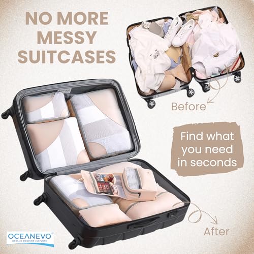Image of OCEANEVO Set of 10 Pcs Packing Cubes for Travel | Includes Luggage Tag and Toothbrush Holder | Suitcase Organizer for Travelling for Clothes, Shoes and Lingerie | Model 3.0 - Beige - 1 Year Warranty