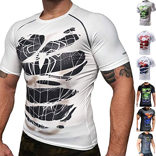 Khroom® Compressieshirt heren korte mouwen ademend in heldendesign | Compression Shirt Functioneel Onderhemd voor fitness, gym, joggen (Black Spiderman wit, XXXL)
