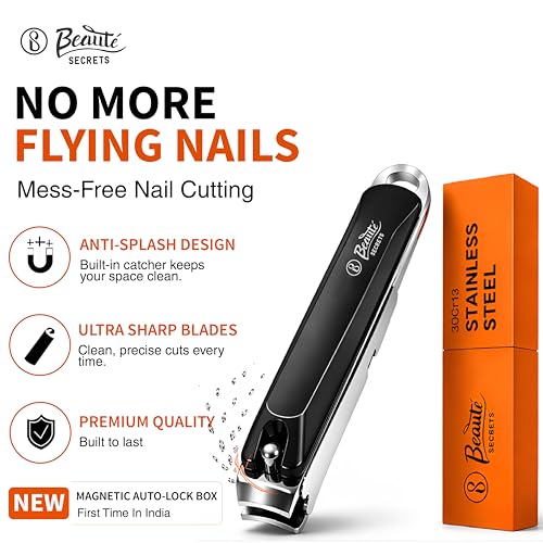 Image of Beaute Secrets Premium Nail Cutter for Men & Women | Stainless Steel Nail Clipper with Magnetic Case | Anti Splash Design | Sharp for Thick Nails, Black