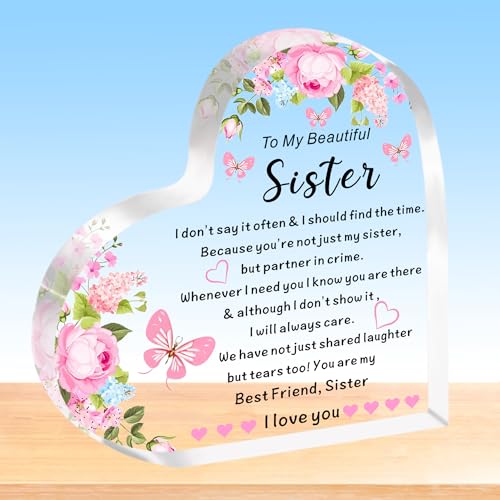 HULALA Sister Gifts From Sister To My Beautiful Sister Heart Acrylic Plaque For Sister Birthday Christmas Presents HULALA Sister Gifts From Sister To My Beautiful Sister Heart Acrylic Plaque For Sister Birthday Christmas Presents