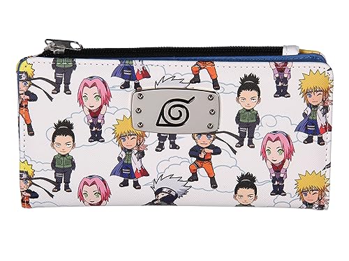 Bioworld Naruto Shippuden Chibi Figures Snap Closure Faux Leather Wallet For Women w/Metal Hidden Leaf Village Logo