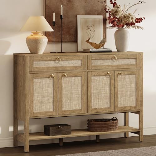 Image of SICOTAS Rattan Sideboard Buffet Cabinet with Open Storage - Large Farmhouse Credenza with 4 Doors & 2 Drawers, Boho Coffee Bar Cabinets Buffet Console Table for Kitchen, Hallway