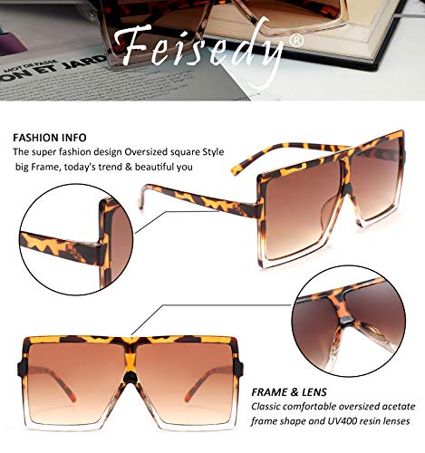 FEISEDY Women Square Oversized Sunglasses Flat Top Fashion Big Stylish Large Frame UV400 B25394