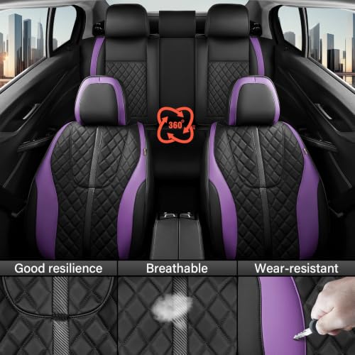 Image of Coverado Leather Car Seat Covers Full Set, Black and Purple Seat Cover, Luxury Diamond-Pattern Leather Seat Covers & Carbon Fiber, Durable Waterproof Car Seat Protectors Universal Fit for Most Cars