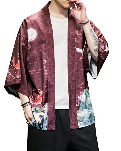 Image of Men's Japanese Kimono Robe Jacket Lightweight 3 /4 Sleeve Open Front Yukata | Silky Smooth Fashion Print Happi Coat Lightweight Breathable Loose Unisex Haori Casual Summer Cardigan Daily Beach Vacation