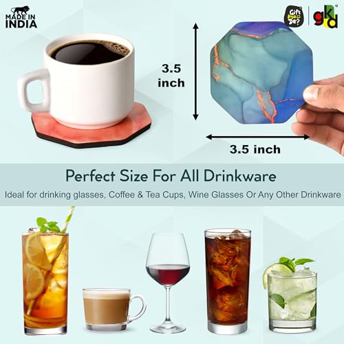 Image of Coaster Set of 4 MDF Wood with Marble Theme Design | Decorative Wooden Coasters for Tea Cups, Coffee Mugs & Glasses (3.5 x 3.5 inch) | Eco-Friendly (Glossy Marble, 3.5)