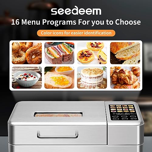 SEEDEEM 16 in 1 Bread Machine, 2.2LB Stainless Steel Bread Maker with Fruit and Nut Dispenser, Nonstick Ceramic Pan, 3 Crust Colors, 3 Loaf Sizes & Touch Panel Recipes, Silver
