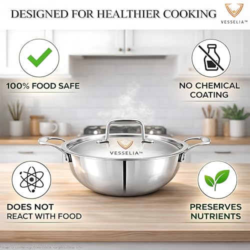 Image of Triply Stainless Steel Kadai with Lid 24 cm (2.5L) | Heavy Bottom | Induction & Gas Compatible | Mirror Finish | Ideal for Cooking & Frying