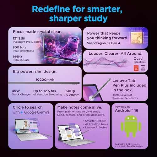 Image of Lenovo Idea Tab Pro Gen 2 with Pen Plus {Smartchoice} 13 inch Display, 3.5K Resolution, 144Hz Refresh | 8GB, 256GB | Snapdragon 8s Gen 4 | 10200mAh, 4 JBL Speakers, USB 3.0 with DP-Out, Wi-Fi 7, Luna Grey