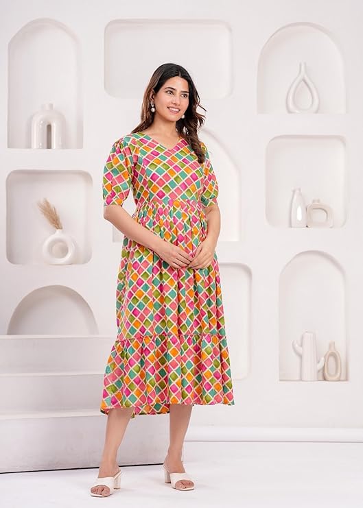 Image of Women Feeding Kurti for Women Cotton Maternity Kurta with Nursing Zip for Pre & Post Pregnancy