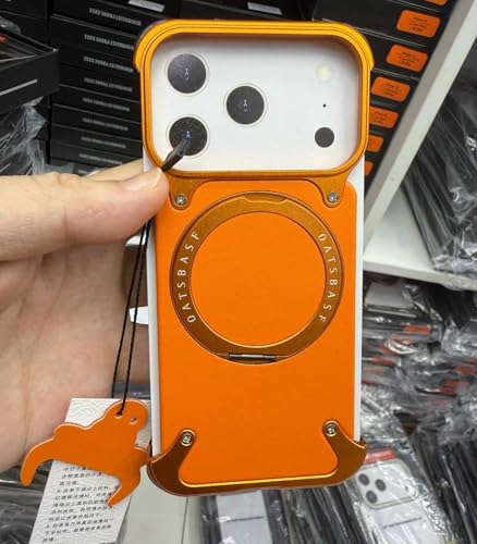 Étui en cuir véritable pour iPhone 17 Pro Max avec support magnétique et cadre en métal orange