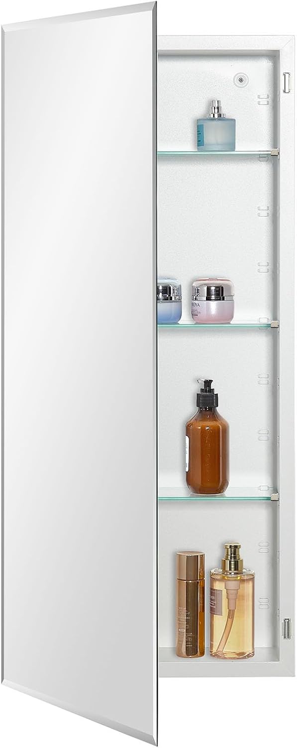 Bathroom Medicine Cabinet with Beveled Edge Mirrored Door 16 x 36 inch, Recessed or Surface Mount, with Adjustable Glass Shelves Matt White 16x36 inch Beveled Edge Mirror
