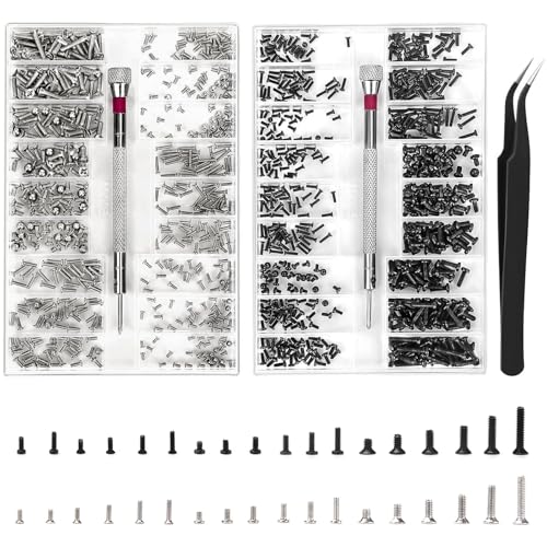 XIATIAN 1000 Stück Kleine Schrauben Sortiment Kit, M1.2 M1.4 M2 Winzige Mikroschrauben, Uhrenbrille Computer Ersatzschrauben Kit mit Schraubendreher Pinzette für Brillen Schrauben, Uhren (M＋O)
