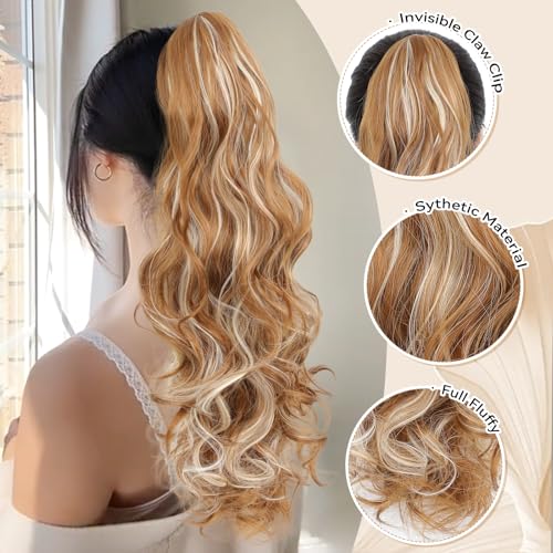 Image of 24 inch Ponytail Extension, Long Curly Wavy Claw Clip and Natural-Looking Synthetic Hairpiece, Voluminous Pony TailHair Extensions for Women Daily Wear. (Dark Blonde with Beige Blonde Highlights, 24Inch)