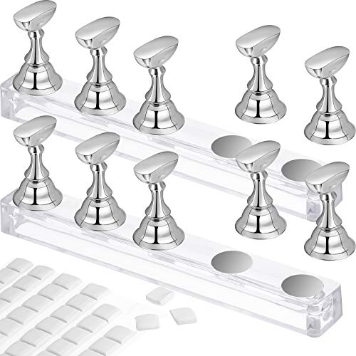 Blulu 2 Set Nail Stand for Painting Press Nail Holder Acrylic Magnetic Tips Training Fingernail Display Stands DIY Crystal Holders and 96 Pieces White Reusable Adhesive Putty(Silver)