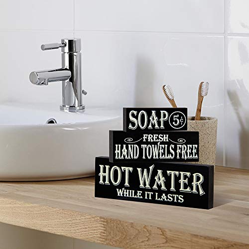 Hot-Water-Hand-Towels-Soap-Lot-of-3-Small-Wood-Block-Signs-Rustic-Bath-Country-Vintage-Look Hot Water Hand Towels Soap Lot of 3 Small Wood Block Signs Rustic Bath Country Vintage Look