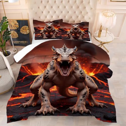 Image of King Size Dinosaur Comfortr Set Boys Kids Bedding Set Room Decor | Scary Monster Dinosaur 3 Piece Bedding Set for Boys Teens, Soft Microfiber All Season Bed Set with 1 Comforter 2 Pillowcases