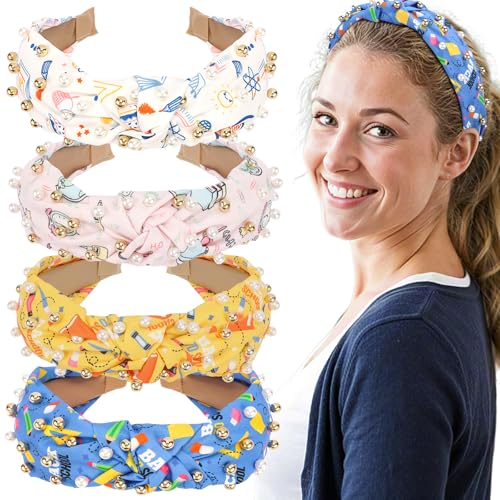 Hapdoo 4pcs Teacher Jeweled Knotted Headband - Back To School Gift Book Pencil Beaded Pearl Embellished Headband Top Knot Hair Accessories Teacher Appreciation Birthday for Women Girls