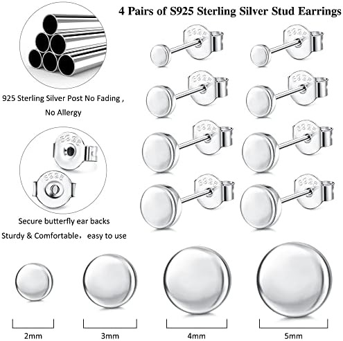 MILACOLATO 4 Pairs 925 Sterling Silver Earrings Stud Earrings for Women Men Cartilage Tragus Helix Earrings Flat Dot Tiny Stud Earrings Small Round Disc Stud Earrings Set for Girls 2mm/3mm/4mm/5mm