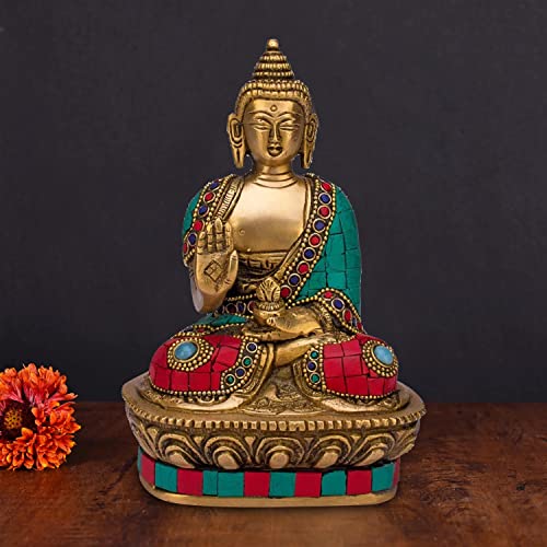 ARTVARKO Buddha Statue Blessing Brass with Multicolor Stone Handwork Home Décor Entrance Office Table Living Room Meditation Luck Gift Feng Shui Height 7 Inch Standard Multicolour