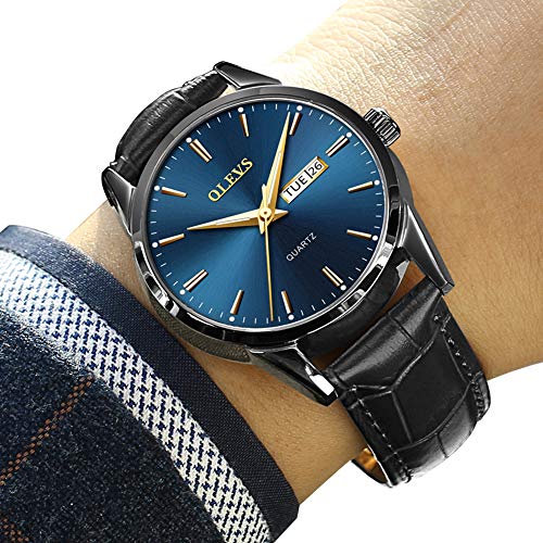 Mens Fashion Watches with Leather Band Day Date Watches for Men Blue Dial,Men Business Casual Dress Watch Classic Luminous Dial Wristwatch Men's Black Leather Waterproof,relojes de Hombre