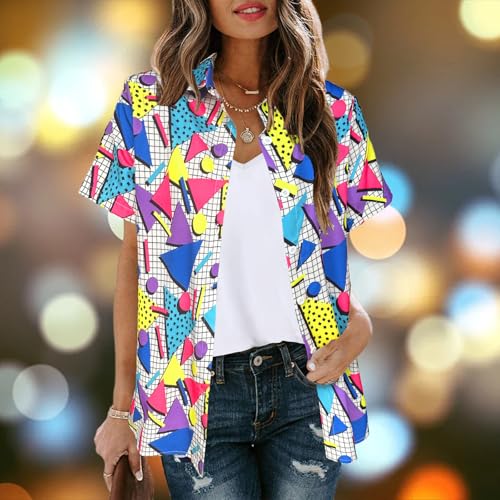 80s 90s Outfits for Women Hawaiian Retro Party Disco Neon Outfits Neon Short Sleeve Button Down Blouse Tops3