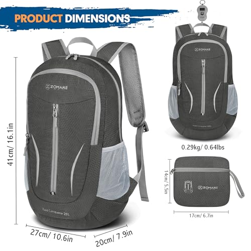 Image of ZOMAKE Ultra Lightweight Packable Backpack 25L, Foldable Hiking Backpacks Water Resistant Small Folding Daypack for Travel(Medium Grey)