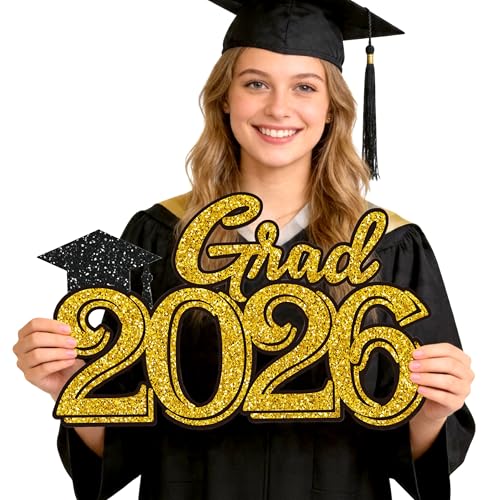 Graduation Party Decorations for Class of 2026 - Gold Grad 2026 Wood Sign Photo Prop for Class of 2026 College High School Graduation Party Supplies
