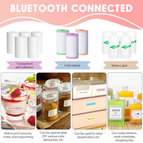 ZQEJEFD Mini Drucker, Tragbarer Mini Fotodrucker Thermodrucker Smartphone Taschendrucker, Wireless Bluetooth Fotodrucker Kompatibel mit Android & iOS mit 14 Rollen Papier für Notizen, Liste, Rosa