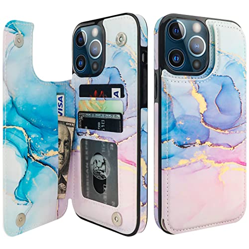 Image of HAOPINSH for iPhone 13 Pro Max Wallet Case with Card Holder, Pink Blue Marble Pattern Back Folio Flip PU Leather Kickstand Card Slots Case, Double Magnetic Clasp Durable Shockproof Cover 6.7 inch