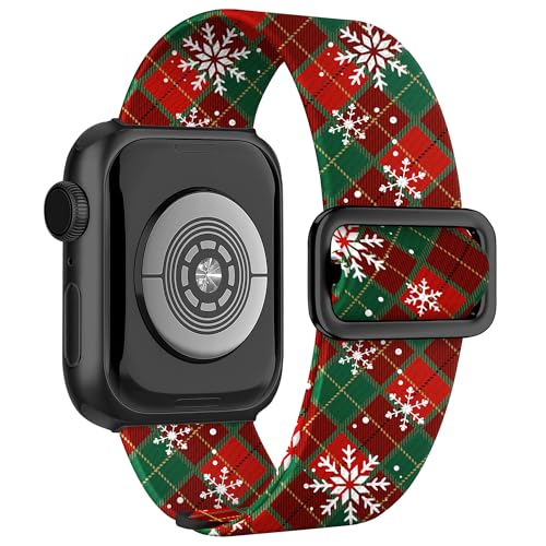 G-ficu Christmas Stretchy Band for Apple Watch Bands 42mm(S10/11) 41mm 40mm 38mm for Women iWatch Bands SE Series 11 10 9 8 7 6 5 4 3 Elastic Nylon Holiday Snowflakes Plaid Strap for Apple Watch Band