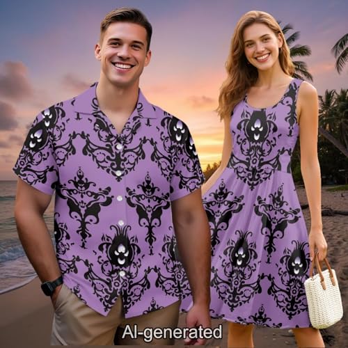 Image of Dreaweet Summer Dresses for Women A-Line Sleeveless Flowy Sun Dresses,Men's Casual Button-Down Shirts,Couple Matching Outfits