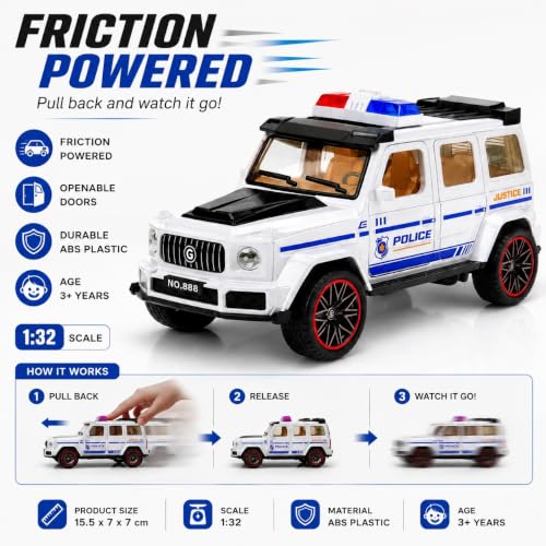 Image of 1:32 Scale G-Wagon Police Toy Car - Friction Powered ABS SUV with Openable Doors - Mini Collectible Police Vehicle for Kids, Boys & Enthusiasts (White)