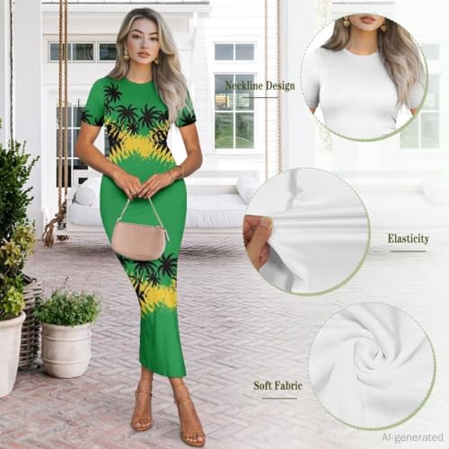 Image of Womens Short Sleeve Jamaican Flag Midi Bodycon Dress
