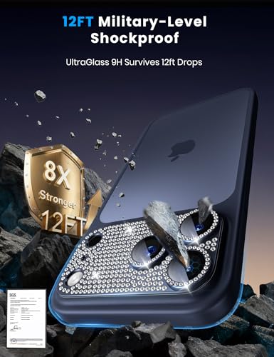 Image of Hoerrye Bling Diamond Camera Lens Protector for iPhone 17 Pro Max - [1:1 Full Coverage][Strong Adsorption] 9H+ Tempered Glass Screen Protective Cover Case Friendly,Glitter Blue