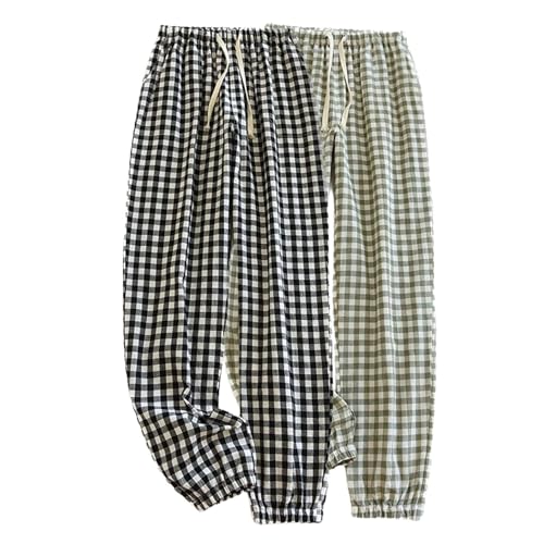 Men's 2 Piece Pajama Pants Soft Plaid Printed Pj Sleep Bottoms Summer Fall Cotton