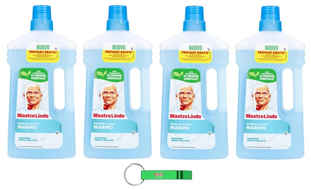 4 X Mastro Lindo Detergente Liquido Pavimenti Marmo – Detergente liquido per pavimenti – ideale per superfici delicate marmo 930 ml + portachiavi Beni Culinari