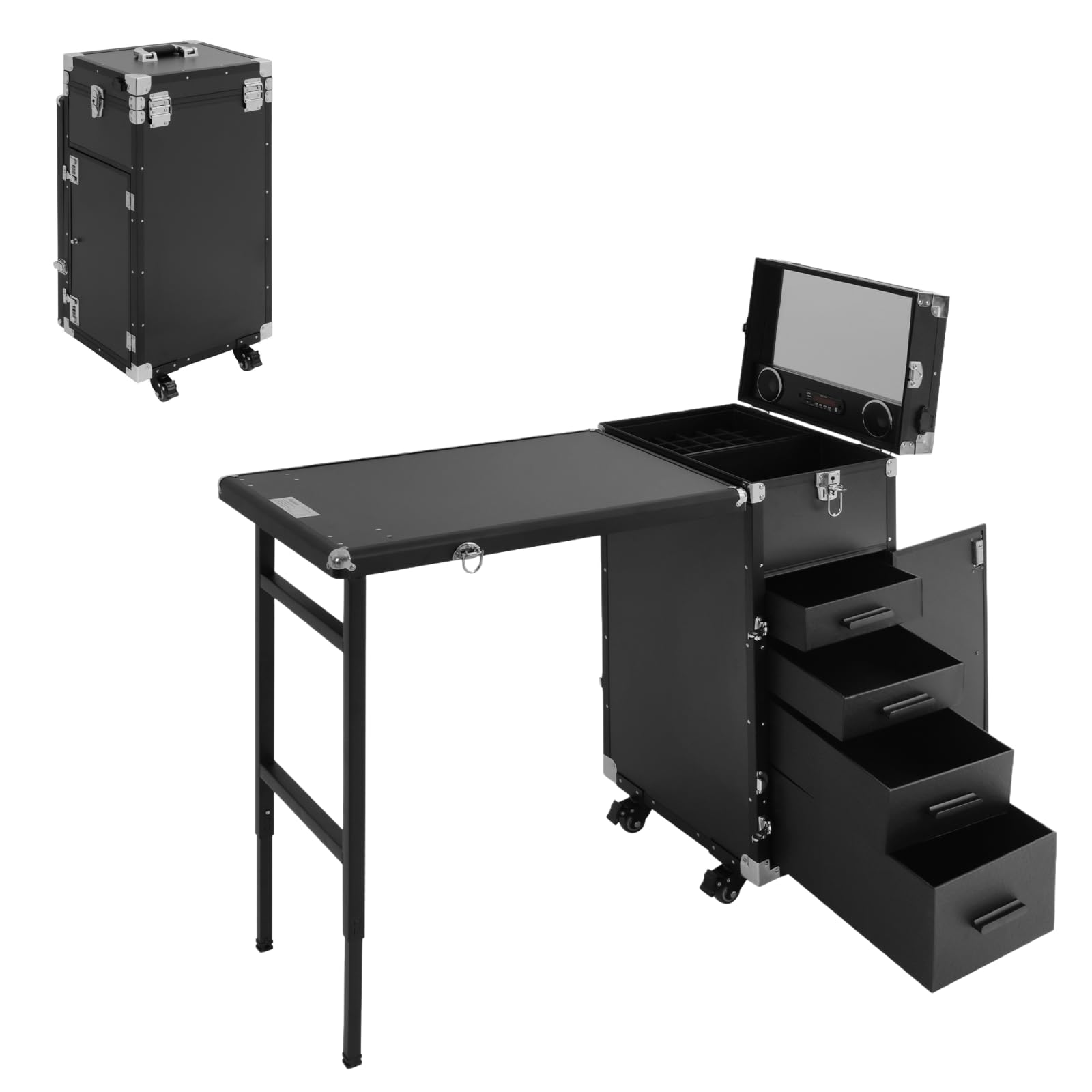 Valigetta professionale per cosmetici 2 in 1, con tavolo, fino a 50 kg, tavolo portatile per unghie, con 4 cassetti e ruote, multifunzione, per parrucchieri, Nero , 57*38*68 cm/22,44*14,96